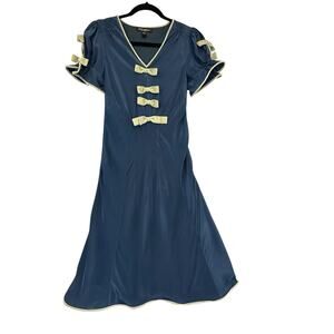 Vintage Betsey Johnson Silk Dress Sz 4 Blue Bow Accent Short Sleeves Retro Flowy